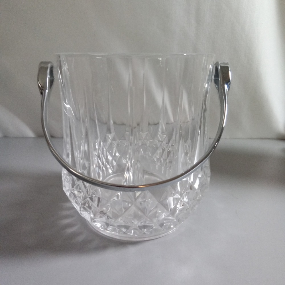 Clear Acrylic Ice Bucket Diamond Cut Fluted Design Silver Swing Handle 5in